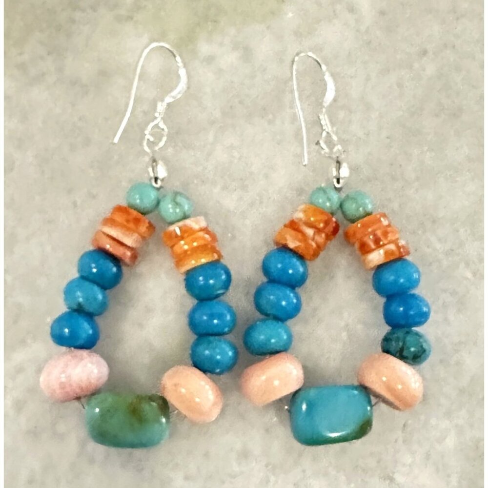 Handmade Turquoise Spiny Oyster & Pink Conch Earrings Unique Boho Beaded Dangles